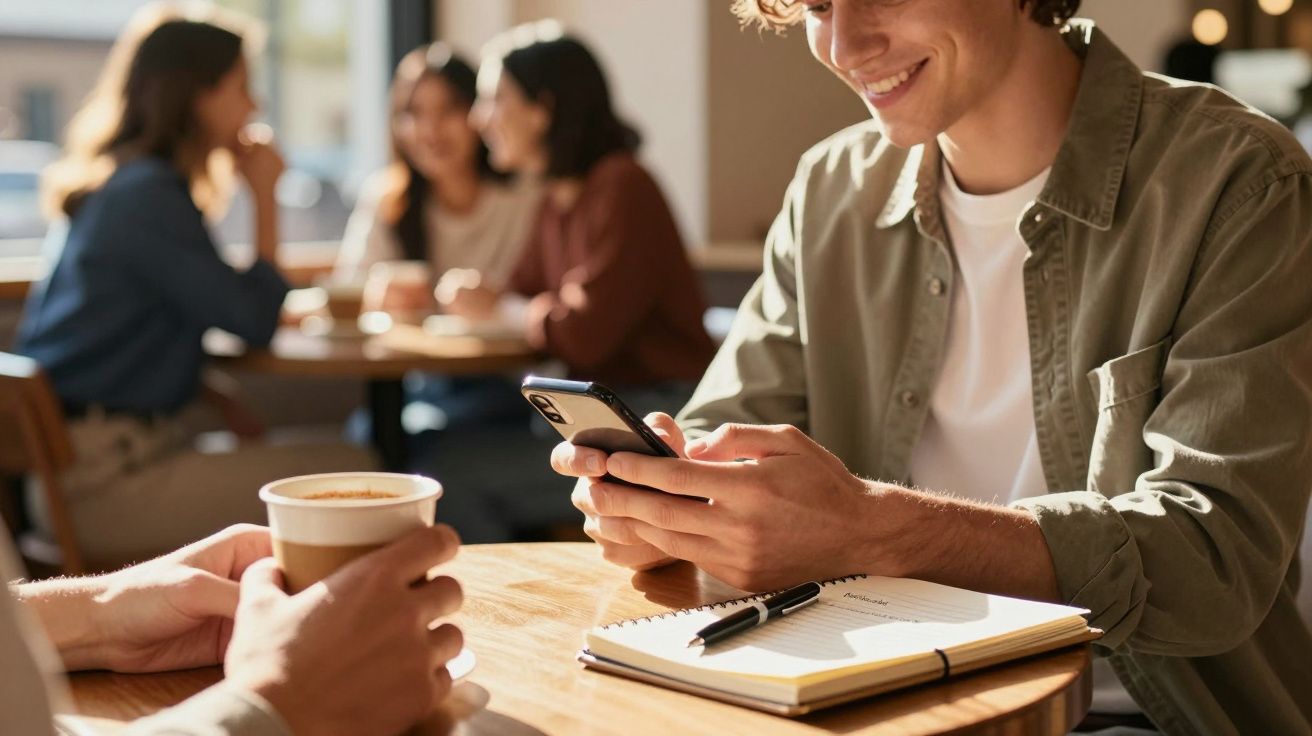 Homem sorridente num café a segurar num telemóvel, com caderno e caneta na mesa, falando com colegas ao fundo.