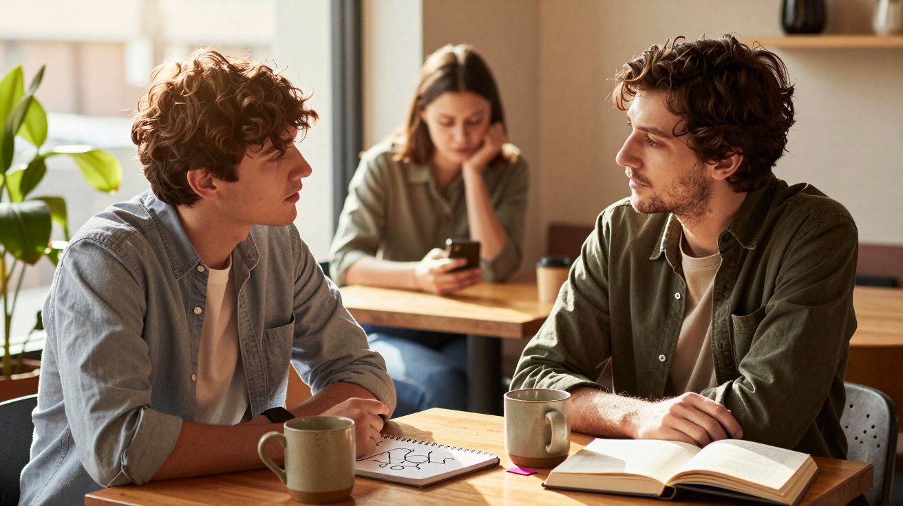 Dois homens conversam numa mesa de café, enquanto uma mulher usa o telemóvel ao fundo.