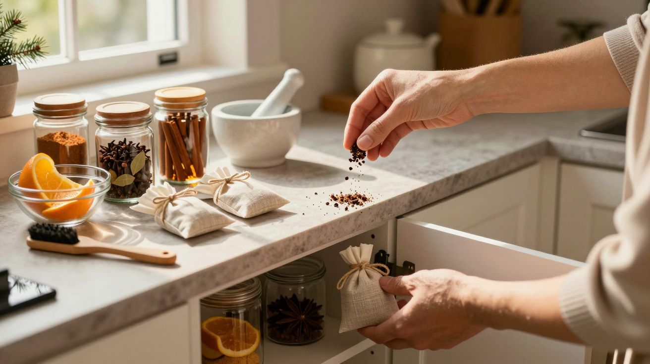 Mãos a preparar saquinhos de especiarias numa cozinha ensolarada, com frascos de vidro na bancada.