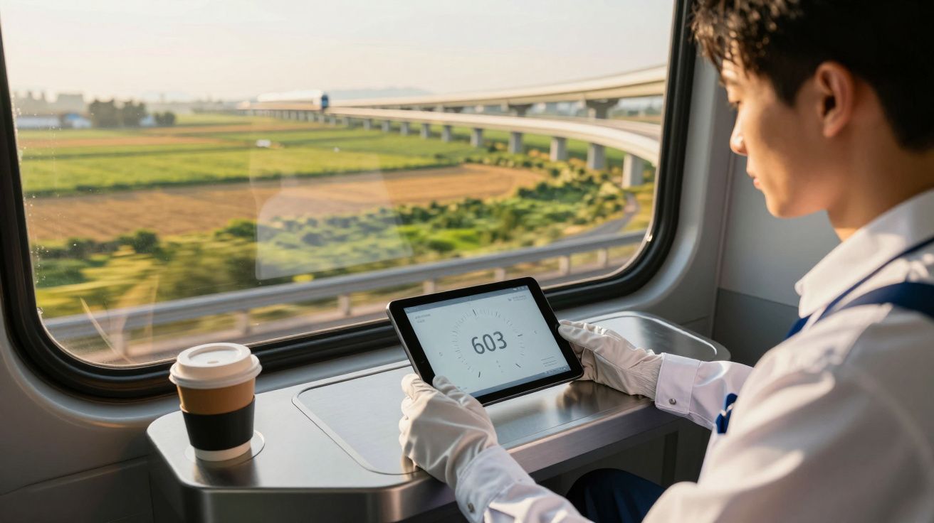 Homem de luvas brancas segura tablet numa mesa de comboio em movimento. Uma bebida está numa mesa ao lado da janela.