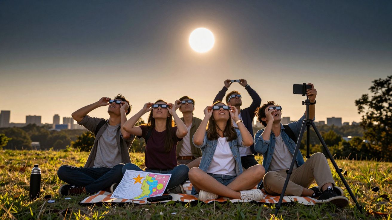 Grupo de pessoas observa o eclipse solar num parque, usando óculos de proteção, com skyline da cidade ao fundo.