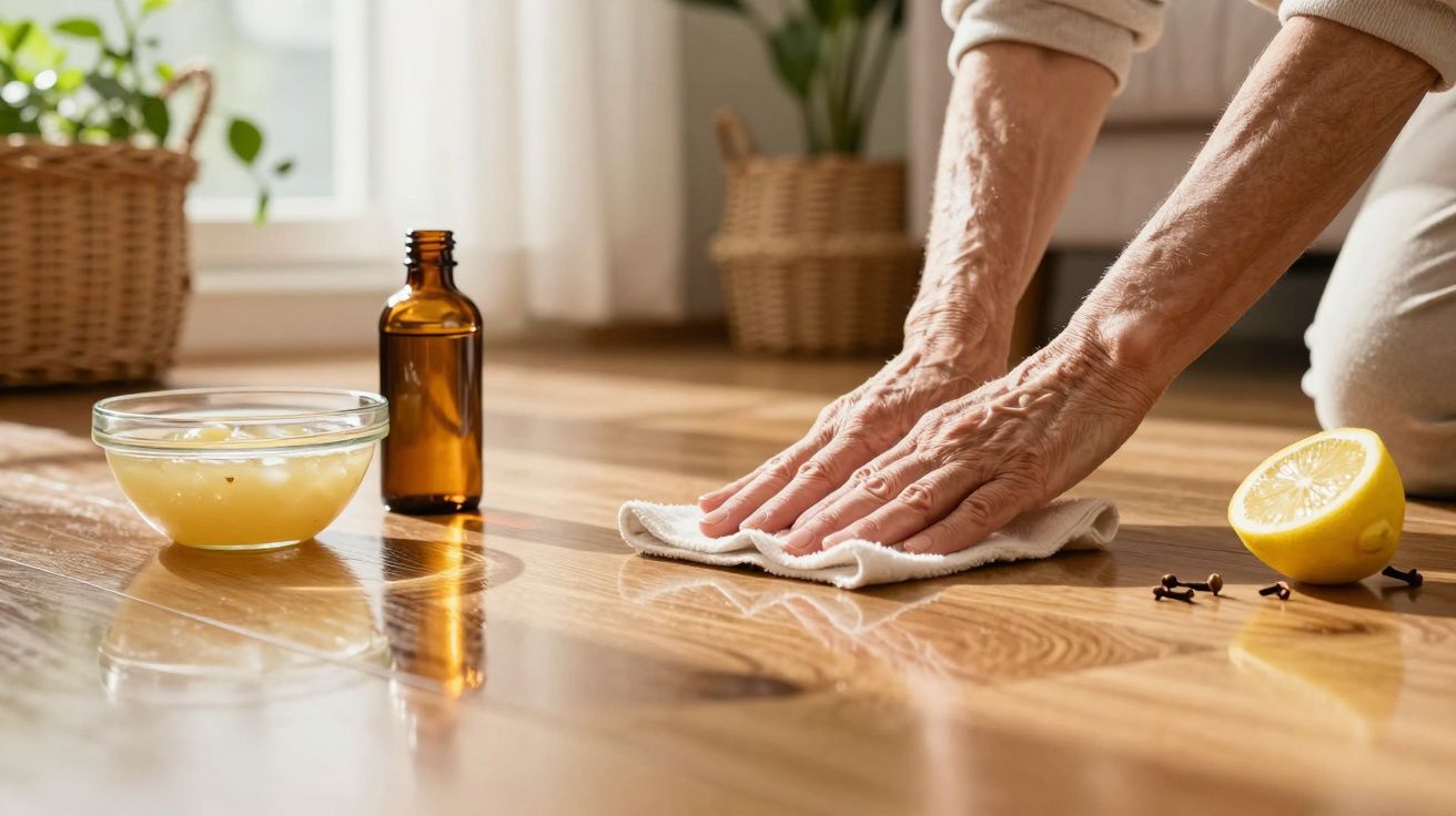 Pessoa limpa o chão de madeira com pano. Frasco, tigela, limão e cravos ao lado. Cesto e planta ao fundo.