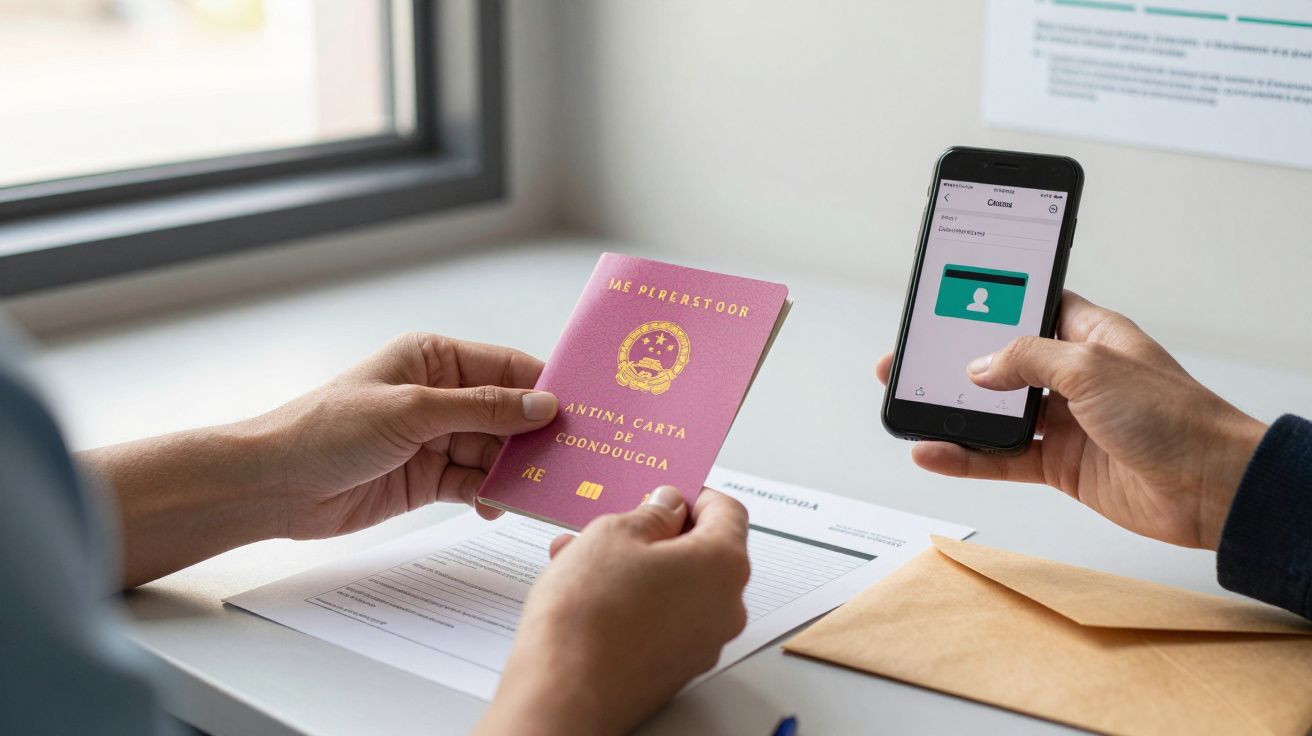 Pessoa segura carta de condução e outra usa smartphone para verificar informações.