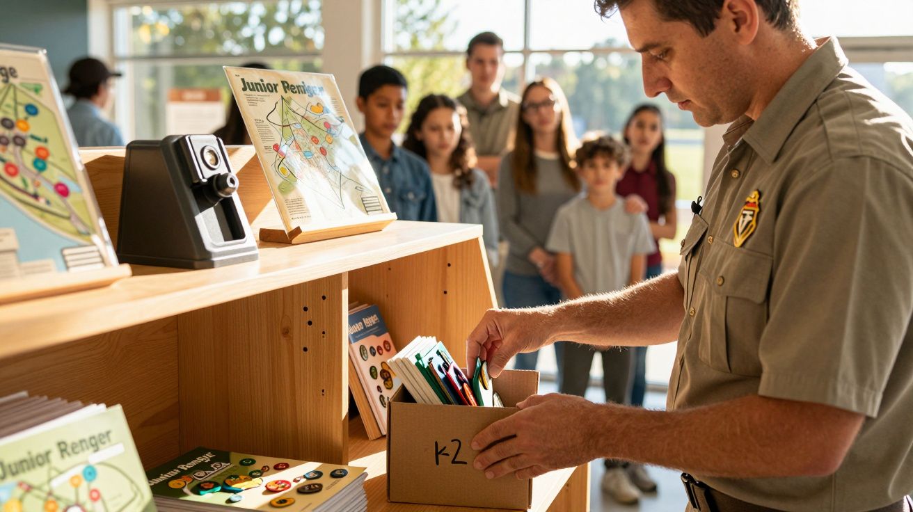 Guardião organiza material educativo numa prateleira, observados por um grupo de pessoas ao fundo num centro de visitantes.
