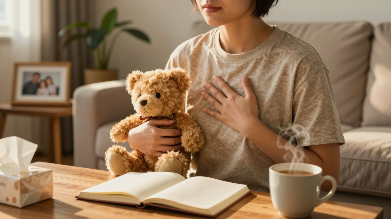 Mulher sentada no sofá, segurando um peluche e uma mão no peito, com um caderno aberto e uma caneca de café na mesa.