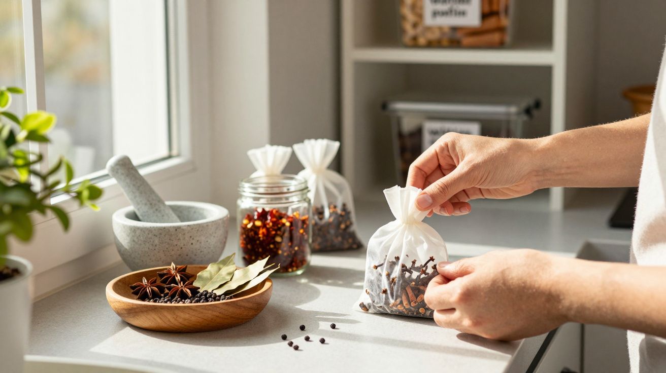 Mãos fechando saco de especiarias em bancada de cozinha, com frascos, almofariz e janela ao fundo.