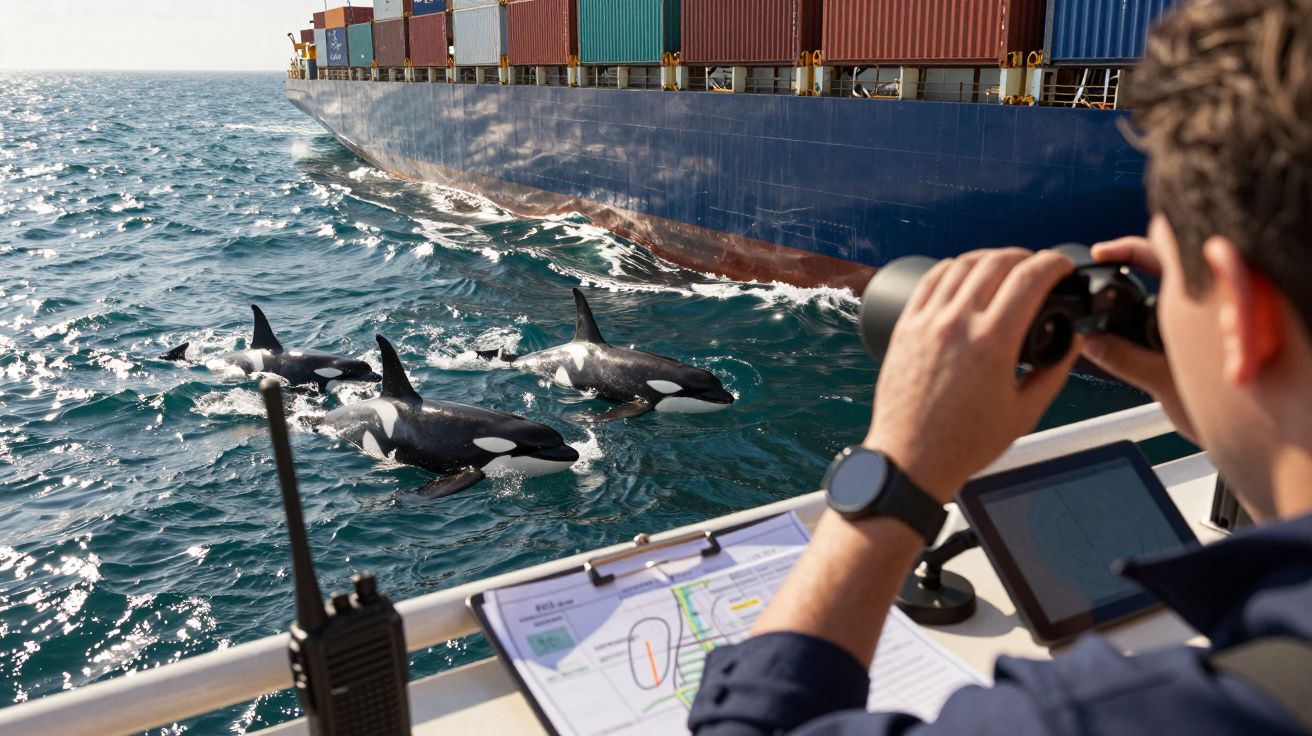 Observador de binóculos, navio de carga à frente, grupo de orcas nadando no mar, caderno e rádio na varanda.