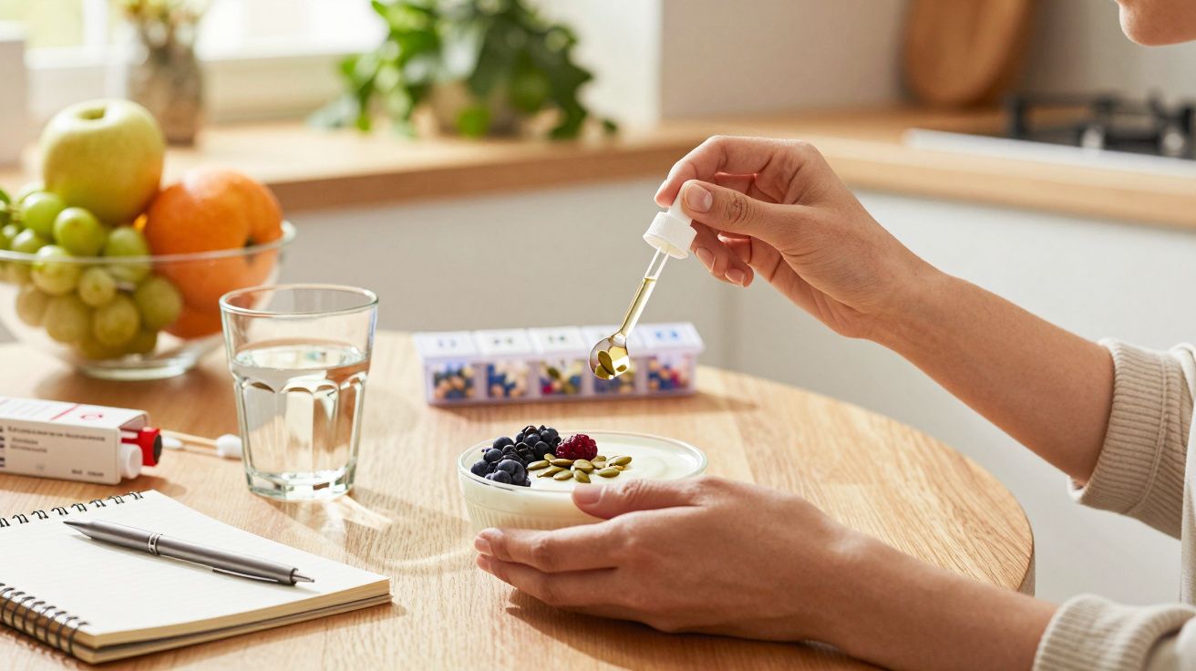 Pessoa adiciona óleo a iogurte com bagas e sementes. Frutas, água e suplementos em fundo.