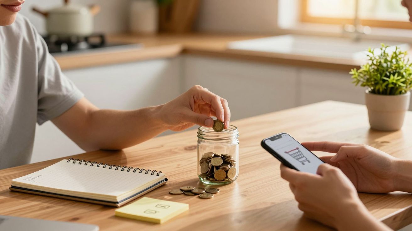 Duas pessoas a gerir finanças em casa, uma a contar moedas num frasco e outra a usar smartphone. Bloco de notas ao lado.