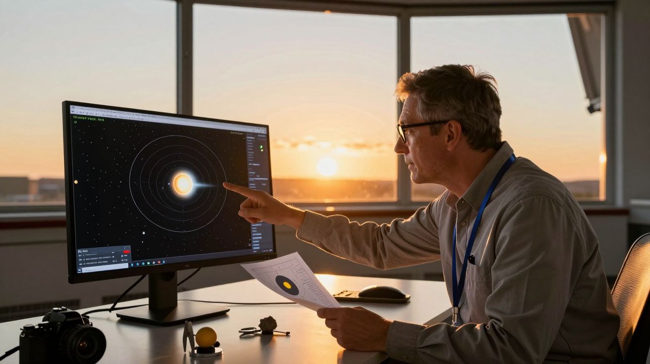 Homem analisa gráfico de sistema solar no monitor de computador ao pôr do sol, apontando para o ecrã.