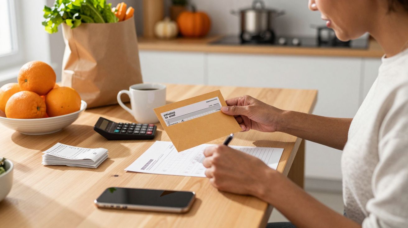 Mulher sentado à mesa da cozinha a verificar extractos bancários, com um sobrescrito e uma calculadora.
