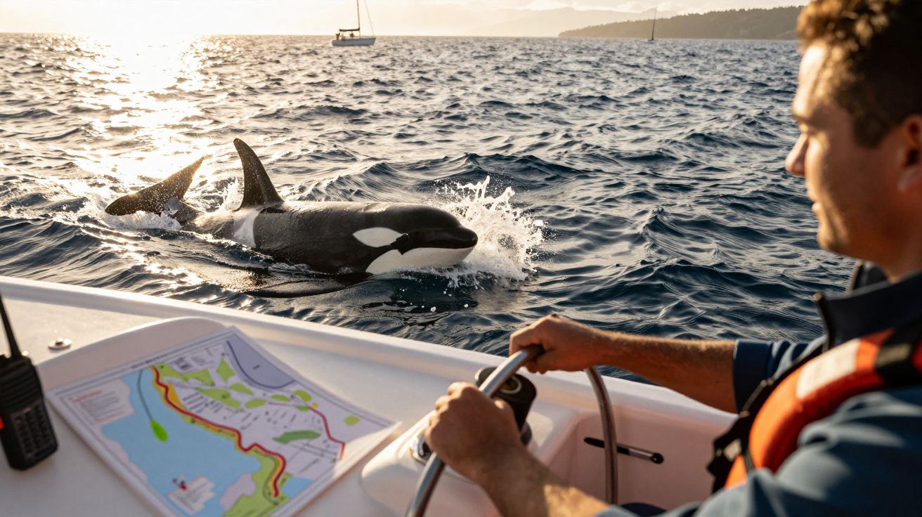 Homem num barco observa uma orca a nadar no mar ao pôr do sol, com um mapa na mesa à frente dele.