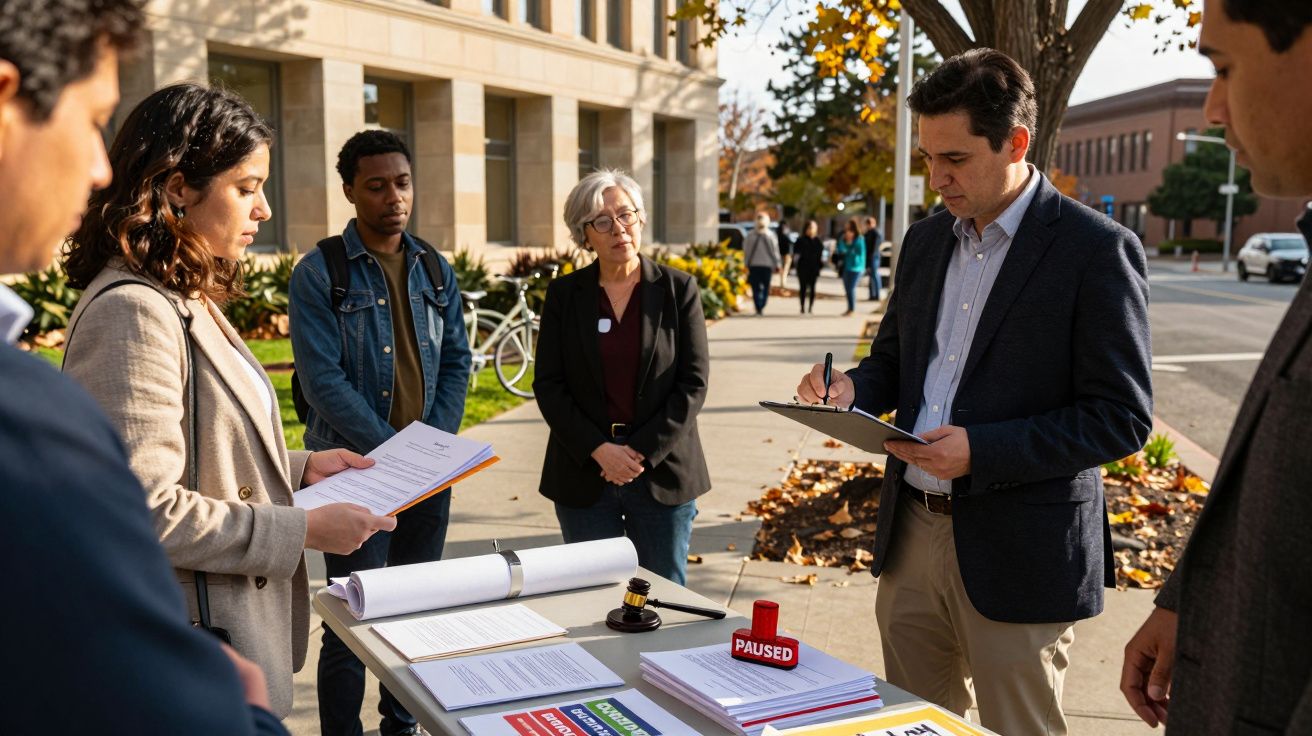 Grupo de pessoas em frente a uma mesa com documentos e carimbo "Paused", em cenário urbano com árvores e edifícios.