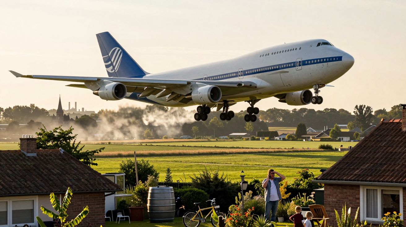 Avião a sobrevoar uma área residencial, próximo do solo, com casas e vegetação ao redor, pessoas a observar.