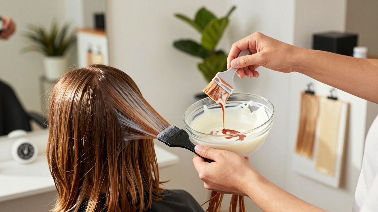 Cabeleireiro aplica tinta em cabelo castanho claro dentro de um salão moderno com plantas e decoração neutra.