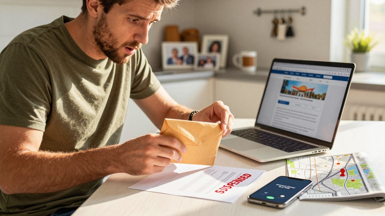 Homem surpreso ao abrir carta com aviso de "Suspensão" na mesa, junto a computador portátil e telemóvel.