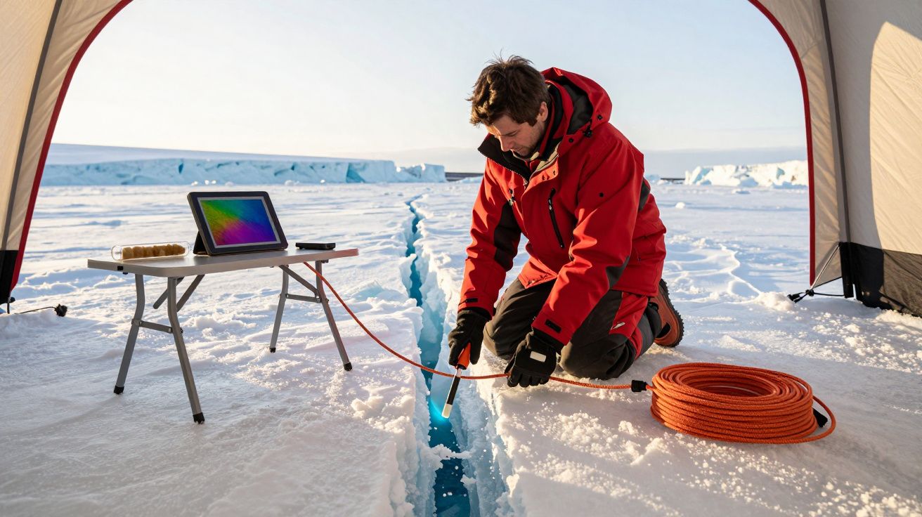 Investigador com casaco vermelho mede fenda no gelo junto a mesa com portátil e bobina de cabo numa tenda na Antártida.