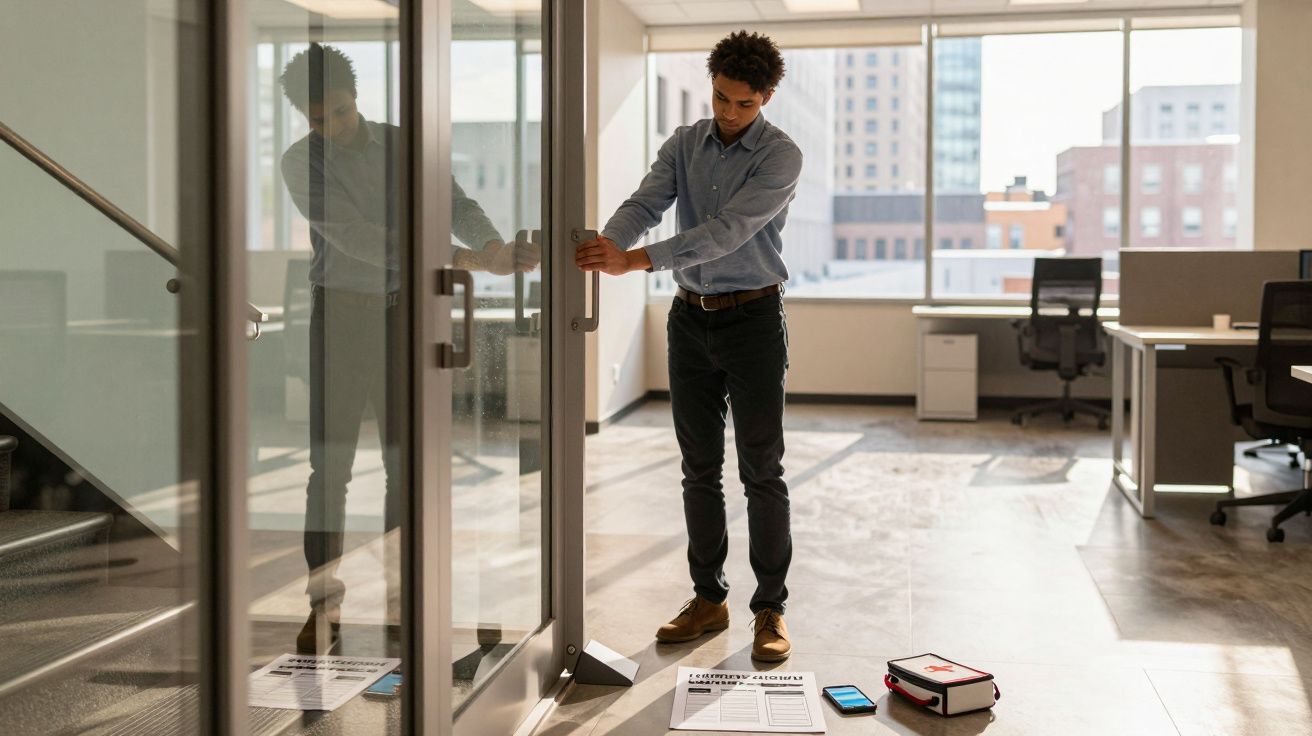 Homem a abrir porta de vidro num escritório moderno, com documentos, telefone e kit de primeiros socorros no chão.
