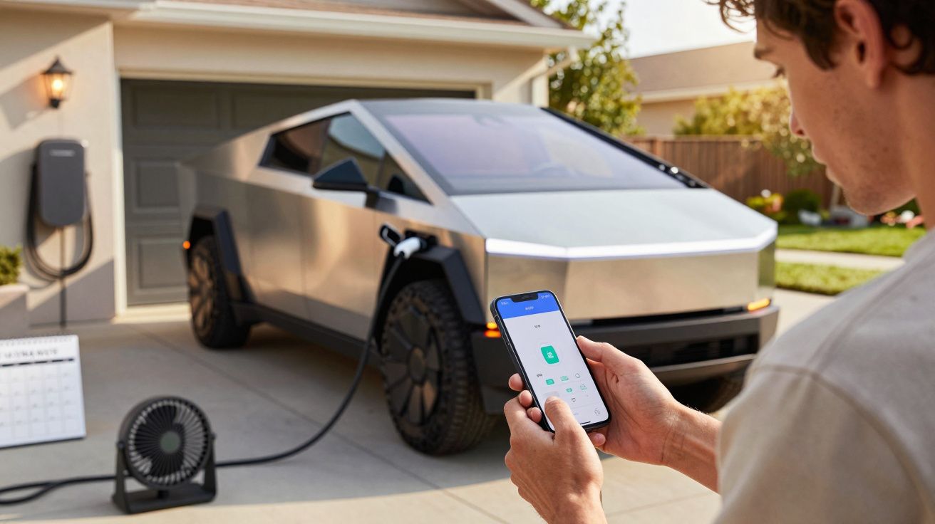 Homem usando smartphone para monitorizar carro elétrico prateado a carregar na entrada de uma garagem.