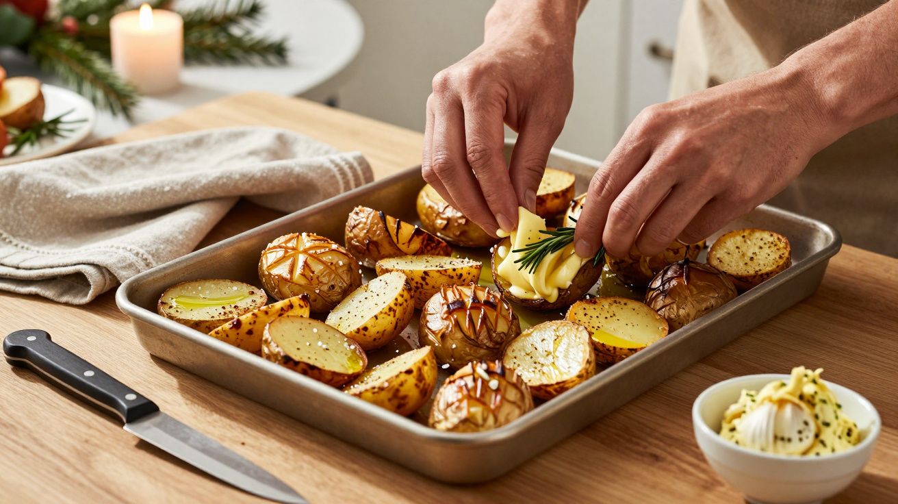 Mãos preparando batatas assadas com manteiga e alecrim num tabuleiro.