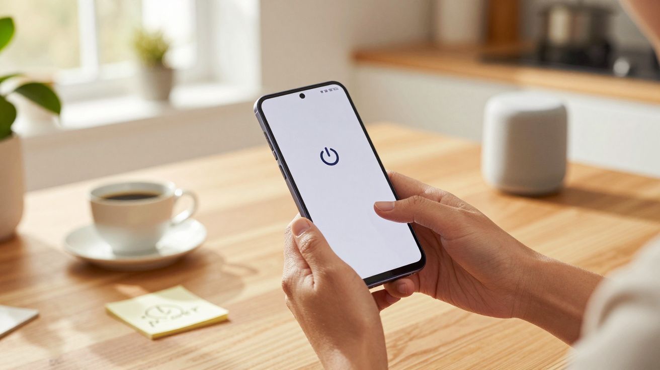 Pessoa segurando smartphone com ícone de energia no ecrã, numa mesa de madeira com chávena de café ao fundo.