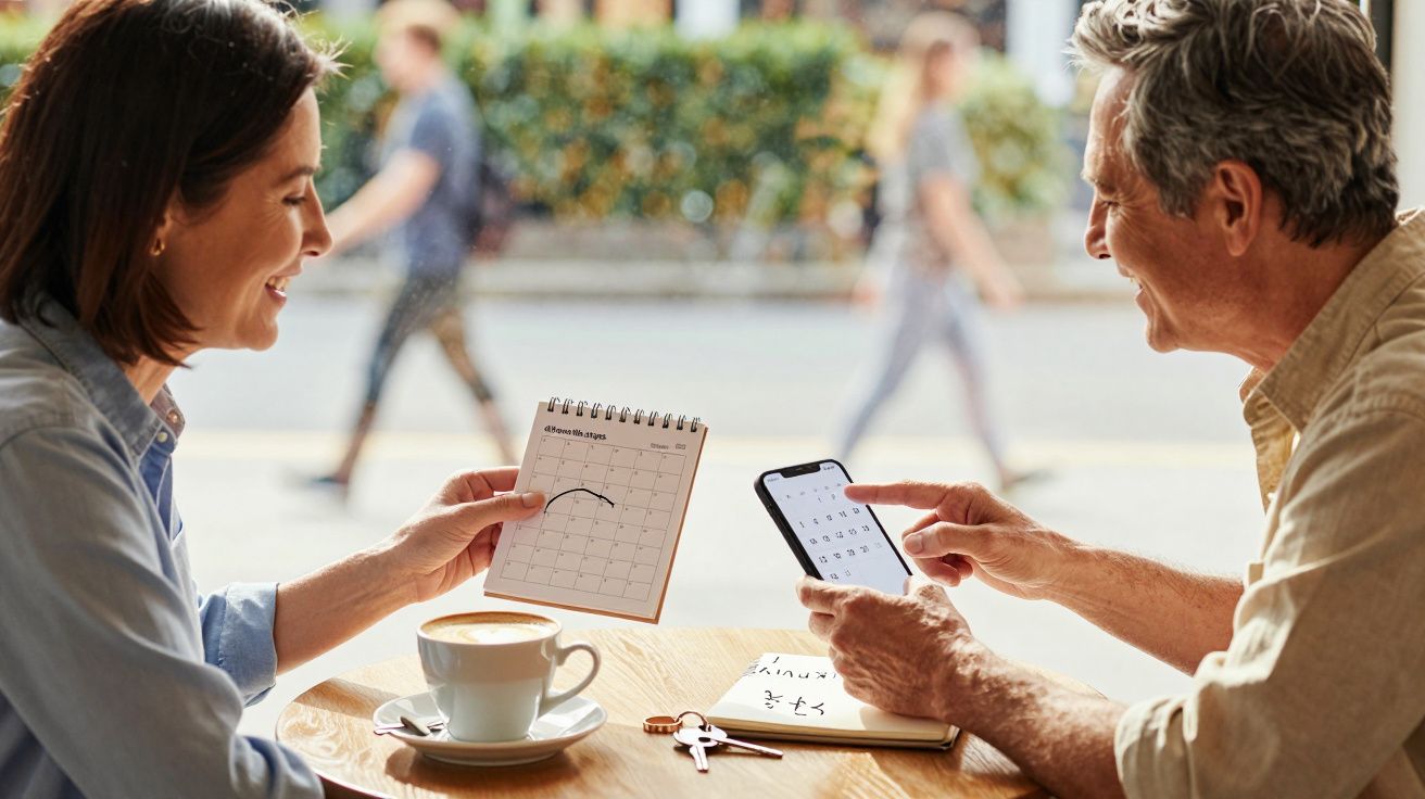 Duas pessoas conversam numa mesa de café, discutindo datas num calendário e num telemóvel.