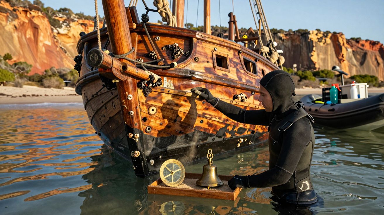 Pessoa de fato de mergulho limpa barco de madeira na água, segurando uma placa com sino e timão.