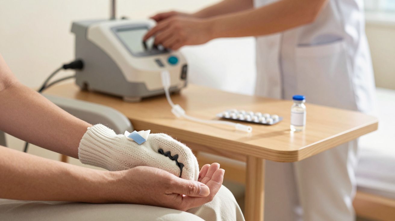 Paciente recebe tratamento médico com a mão envolta em luva térmica; profissional ajusta equipamento ao lado.