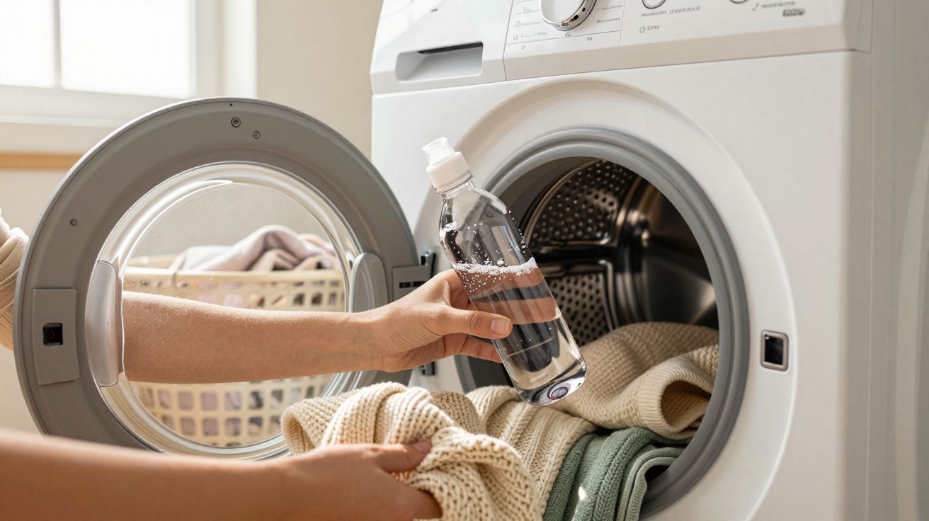 Pessoa colocando detergente numa máquina de lavar roupa com roupas coloridas e cesto ao fundo.