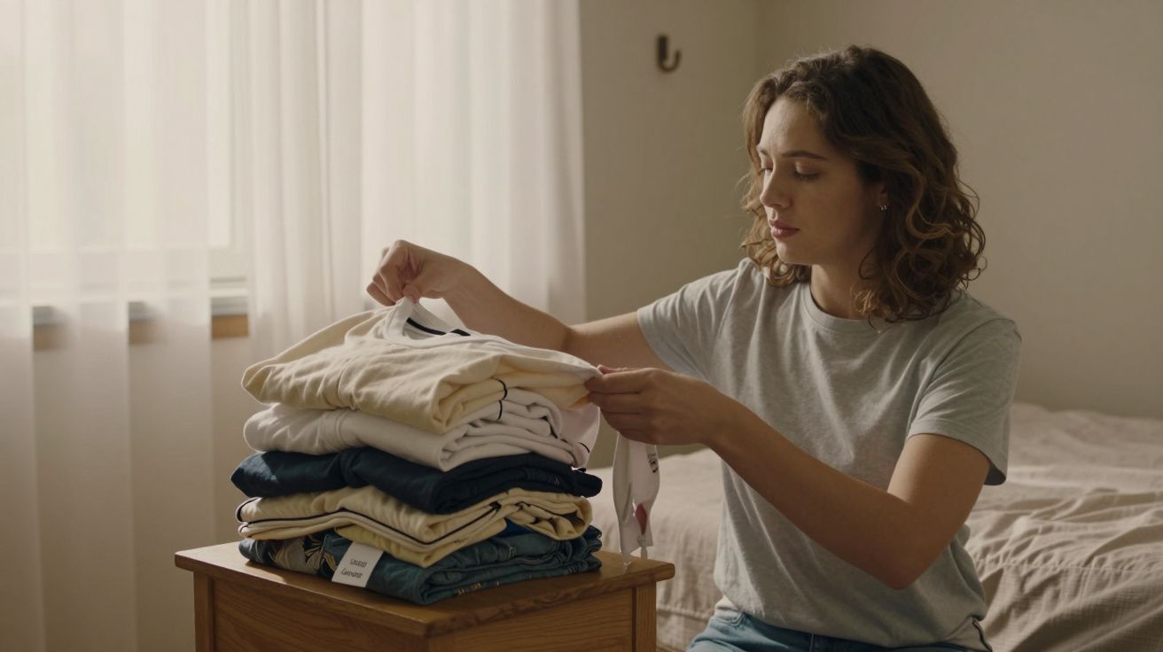Mulher dobrando roupas em casa, sentada ao lado de uma pilha sobre uma mesa de madeira, com luz natural entrando pela janela.