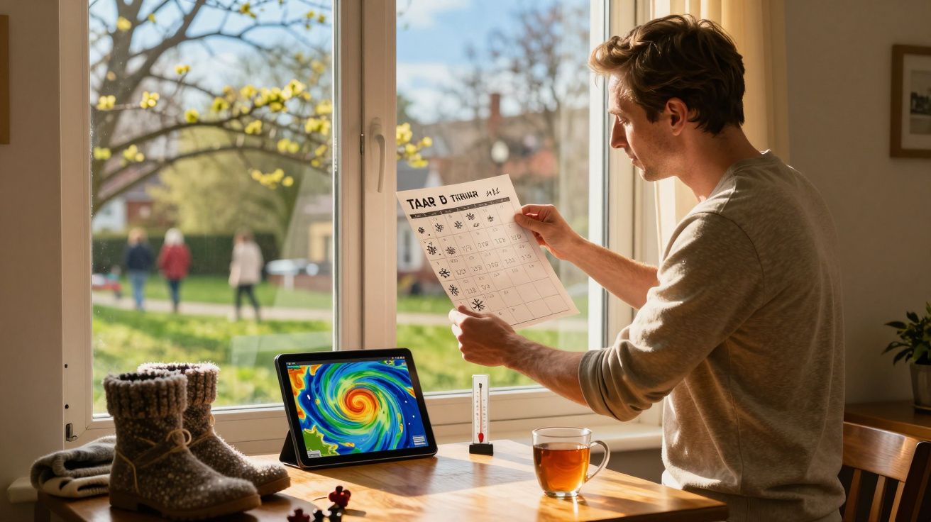 Homem analisa calendário junto a janela; tablet mostra previsão do tempo, chá e botas na mesa.
