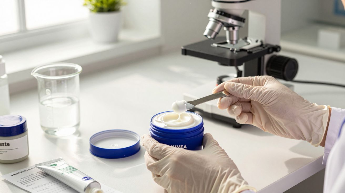 Mãos com luvas seguram espátula sobre pote de creme numa bancada de laboratório com microscópio.