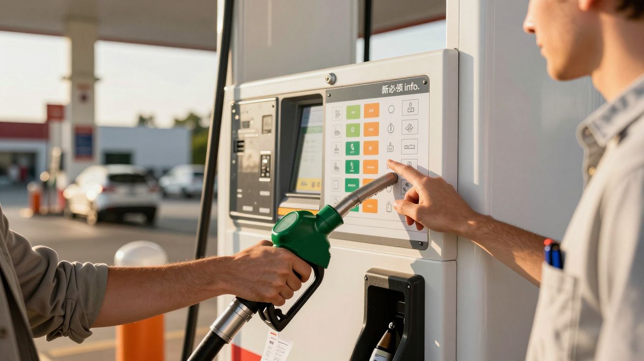 Pessoa a abastecer carro numa bomba de gasolina, digitando no ecrã táctil. Mangueira verde na mão.