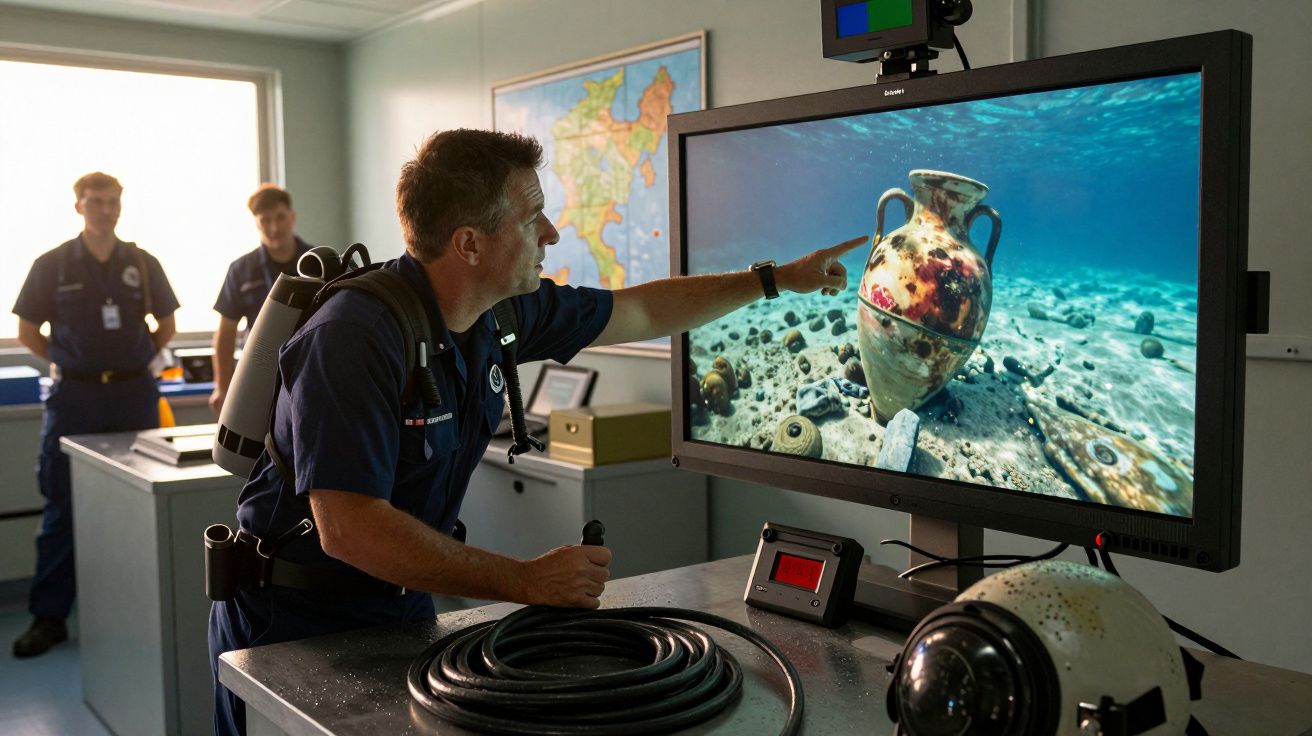 Homem em farda aponta para imagem de ânfora submersa num monitor, com dois colegas ao fundo numa sala de operações.