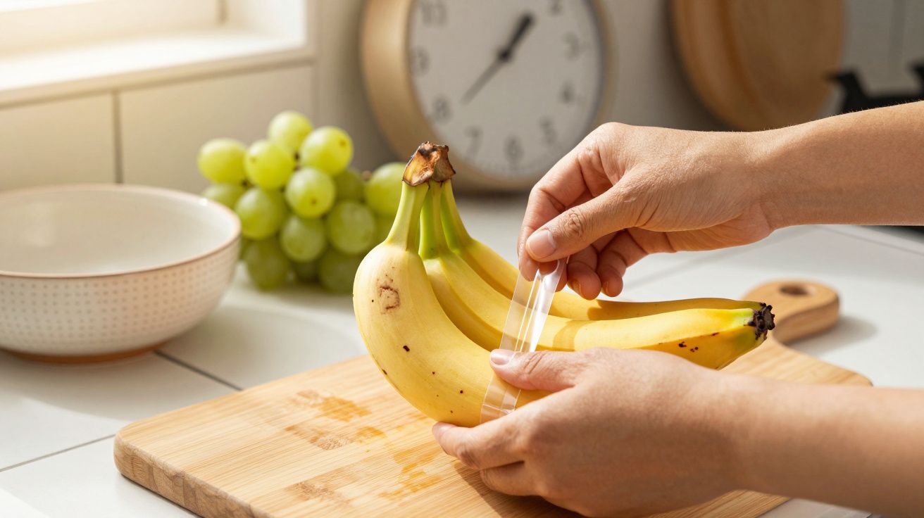 Mãos embrulham bananas frescas com plástico numa cozinha, com uvas e uma tigela ao fundo.