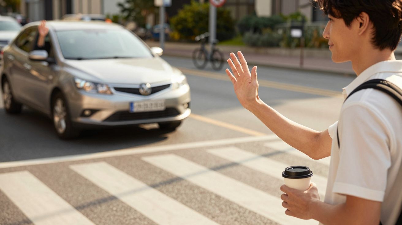 Homem cumprimenta condutor de carro cinzento numa passadeira. Segura um copo de café na outra mão.