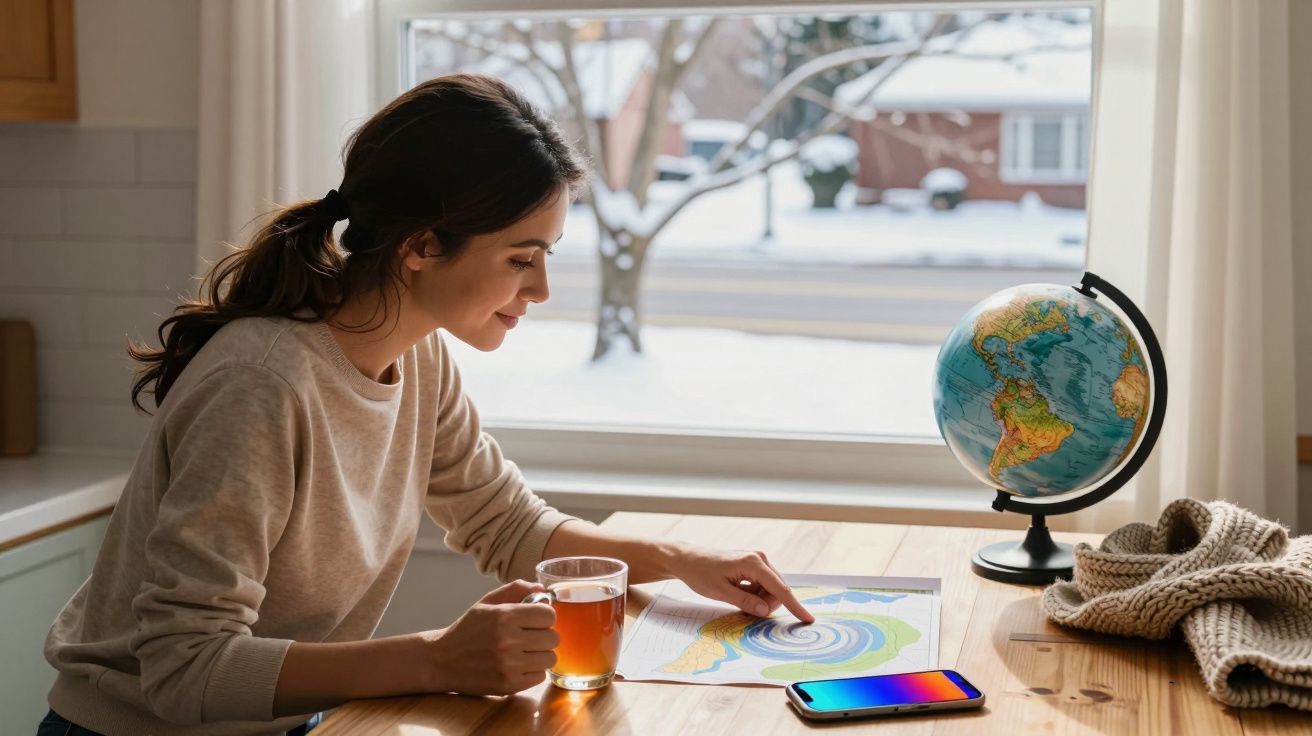 Mulher observando mapa meteorológico, segurando chá. Há um globo, telemóvel e camisola tricotada na mesa.