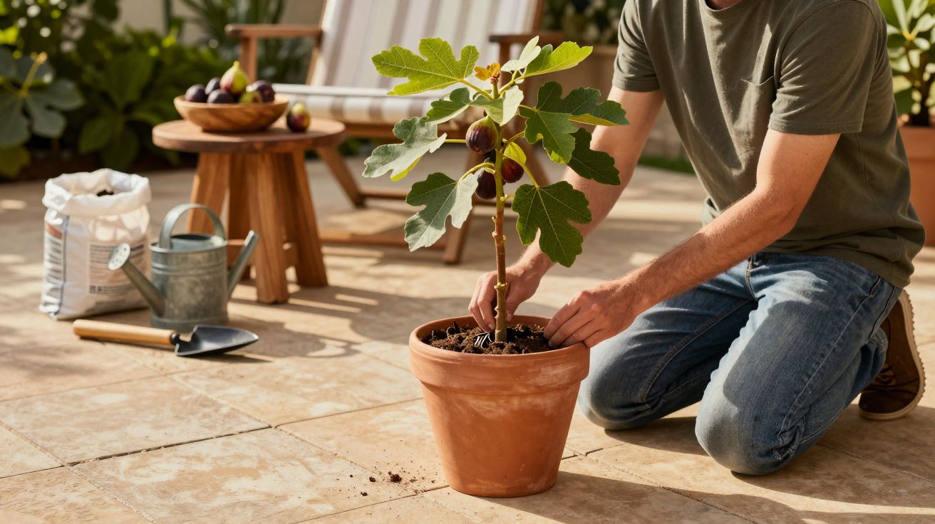 Homem a plantar uma árvore de figo num vaso grande em terraço, rodeado de ferramentas de jardinagem e regador.