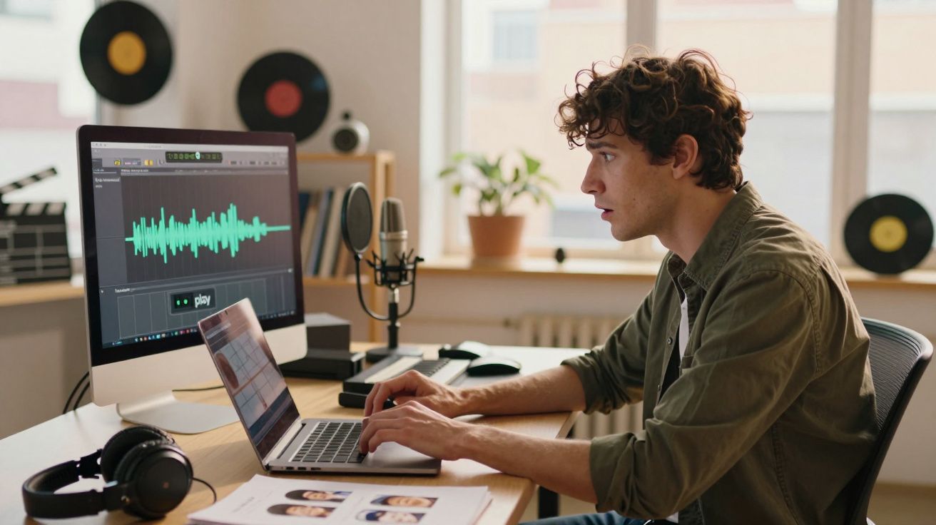 Homem trabalha num computador com um software de áudio, num escritório com discos na parede e uma planta na janela.