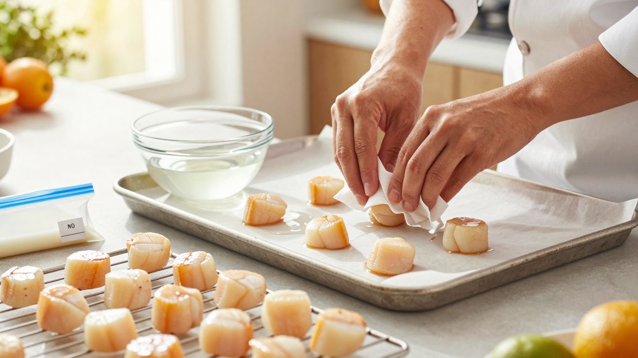 Pessoa a preparar vieiras numa bandeja com papel, em ambiente de cozinha bem iluminado.