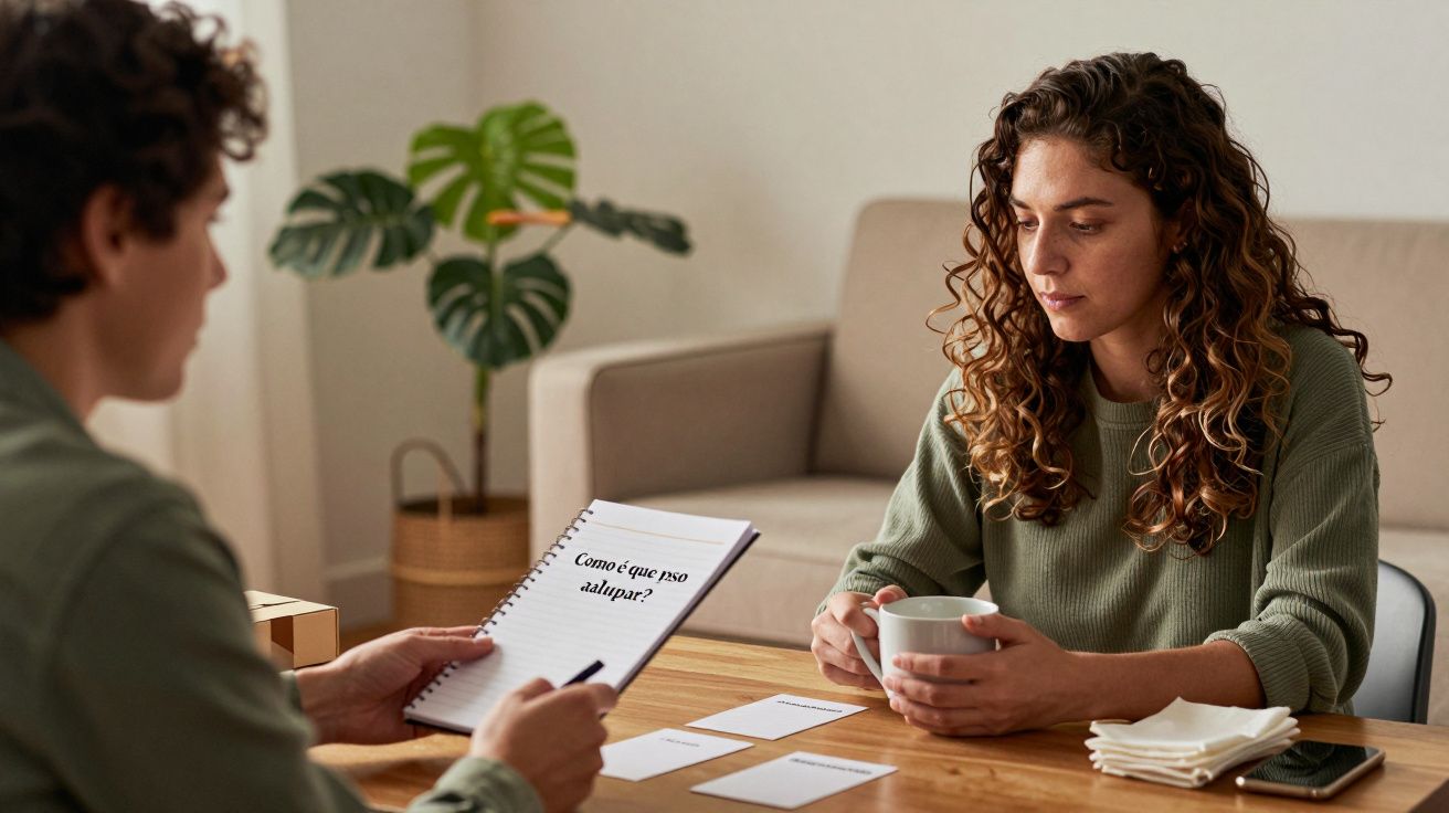 Duas pessoas conversam numa sala, uma segura um bloco de notas e a outra uma chávena.