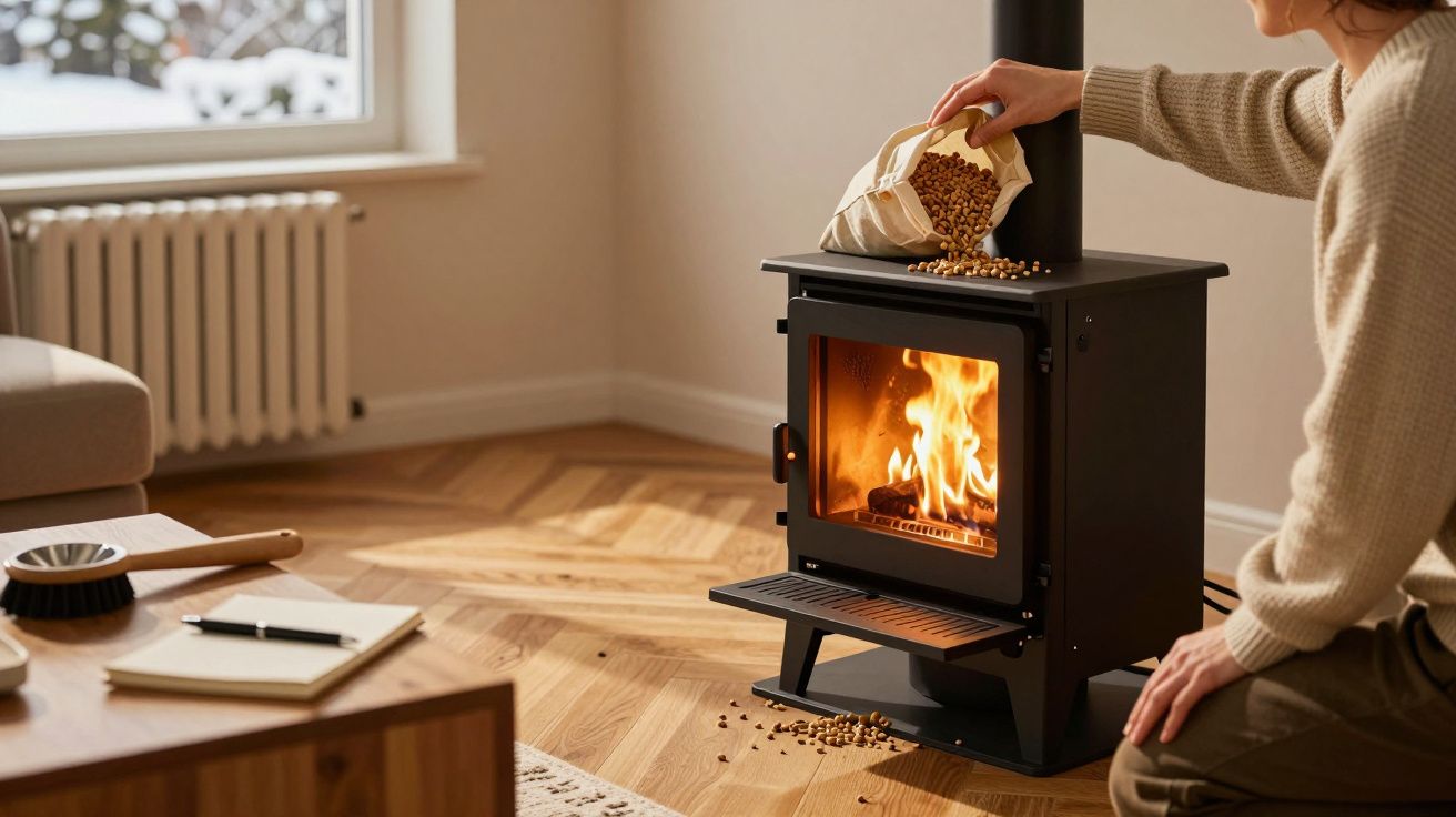 Pessoa a colocar pellets num fogão a lenha. A lareira está acesa, e a sala tem um ambiente acolhedor com janela e sofá.