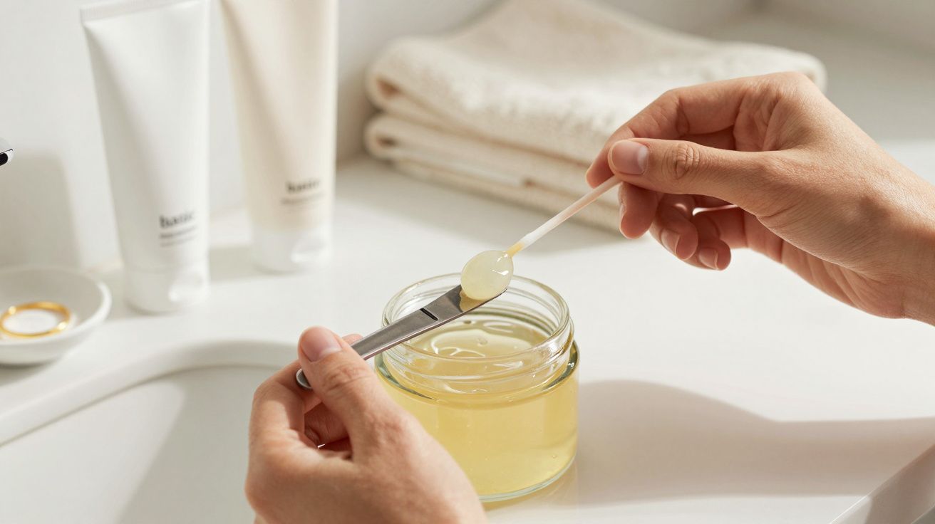 Mãos seguram espátula e cotonete sobre frasco de cera amarela, com produtos de beleza e toalhas ao fundo.