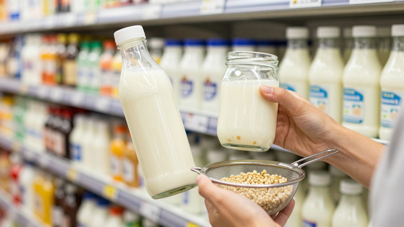 Pessoa segura garrafa e frasco de leite num supermercado, com um passador e grãos na frente. المنتجات خلفه.
