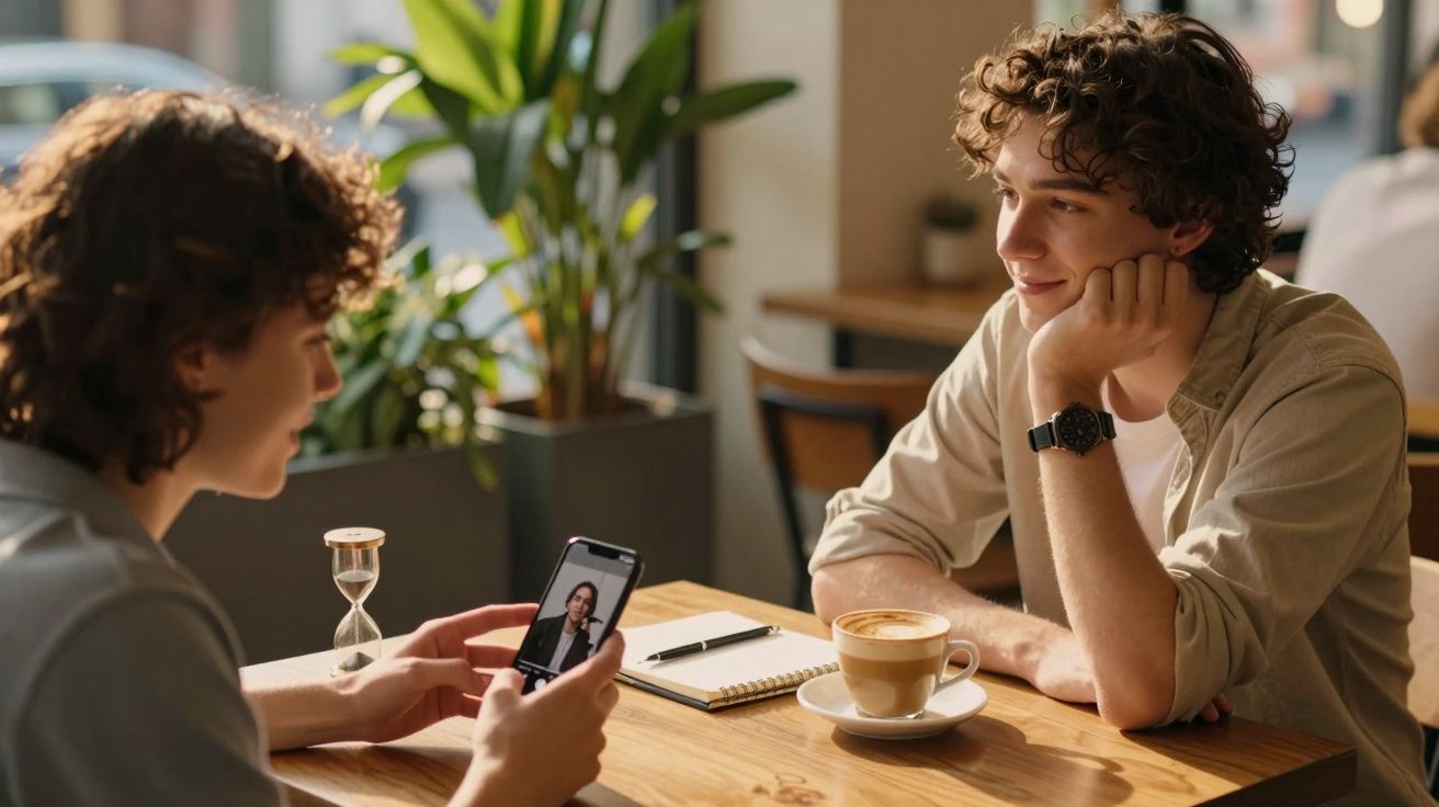 Dois jovens conversam numa cafetaria, um segura um telemóvel e o outro observa com uma chávena de café à frente.