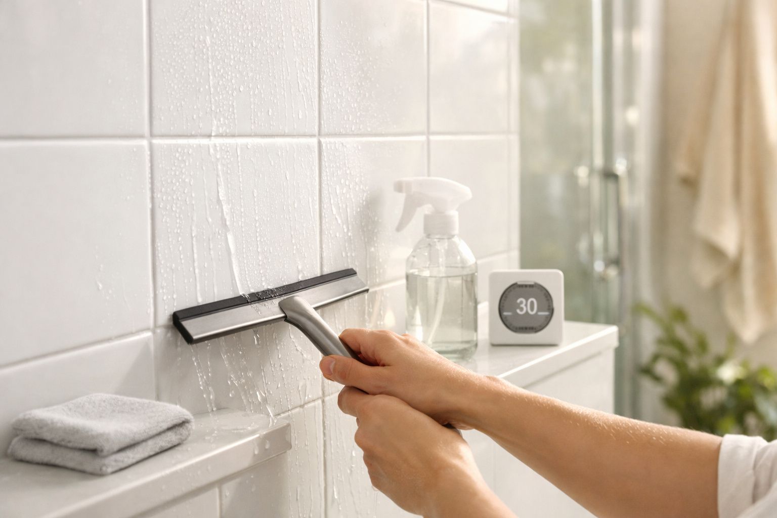 Pessoa a limpar azulejos de cerâmica molhados com rodinho. Ao fundo, frasco de spray e temporizador na prateleira.