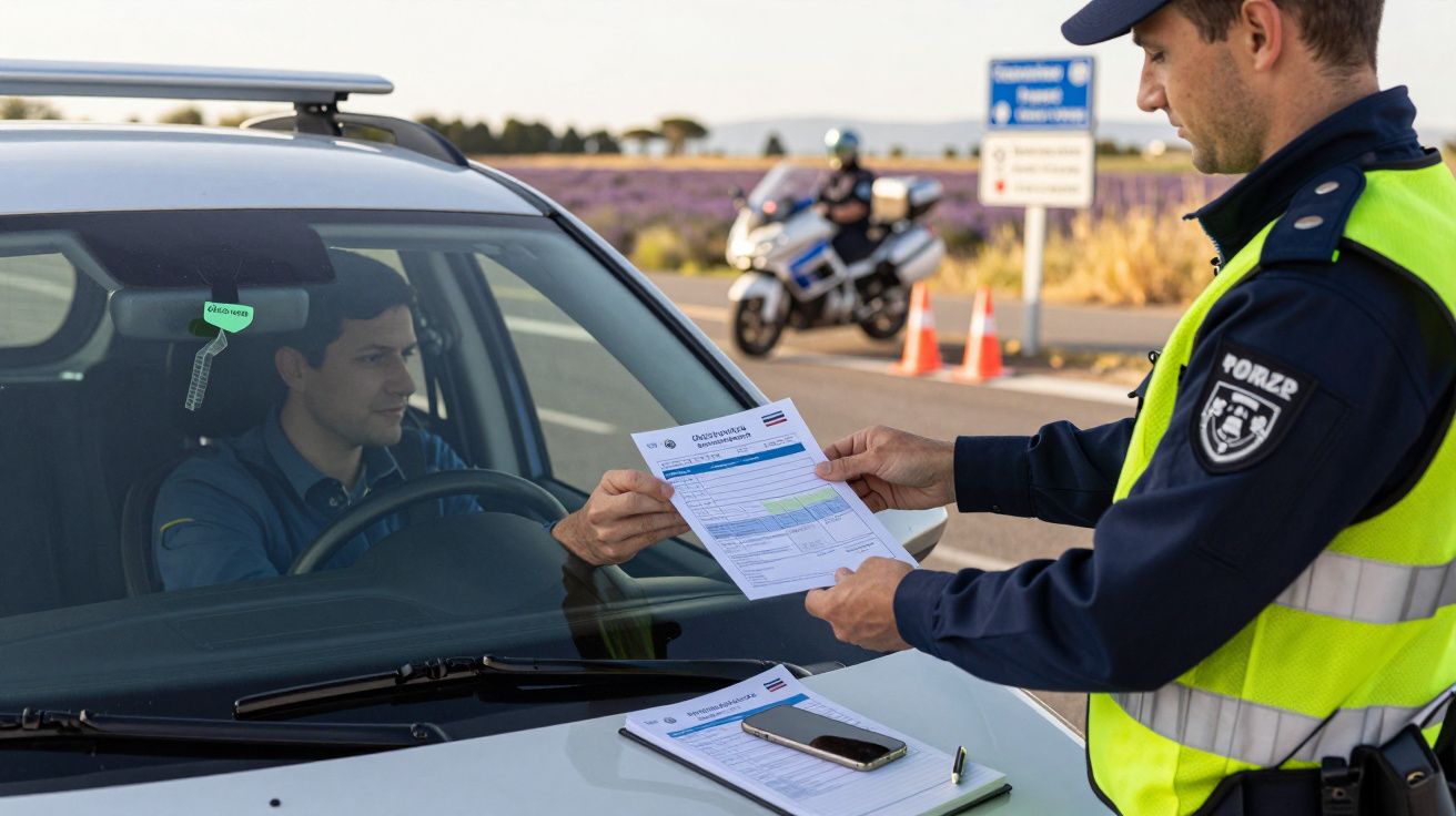 Polícia verifica documentos de condutor num carro parado, com motocicleta policial ao fundo numa estrada.