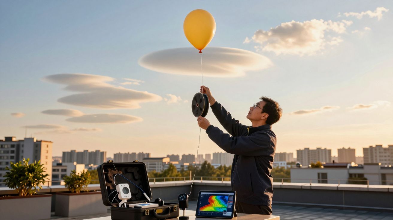 Homem solta balão amarelo num telhado, com laptop ao lado; céu ao entardecer com nuvens no fundo.