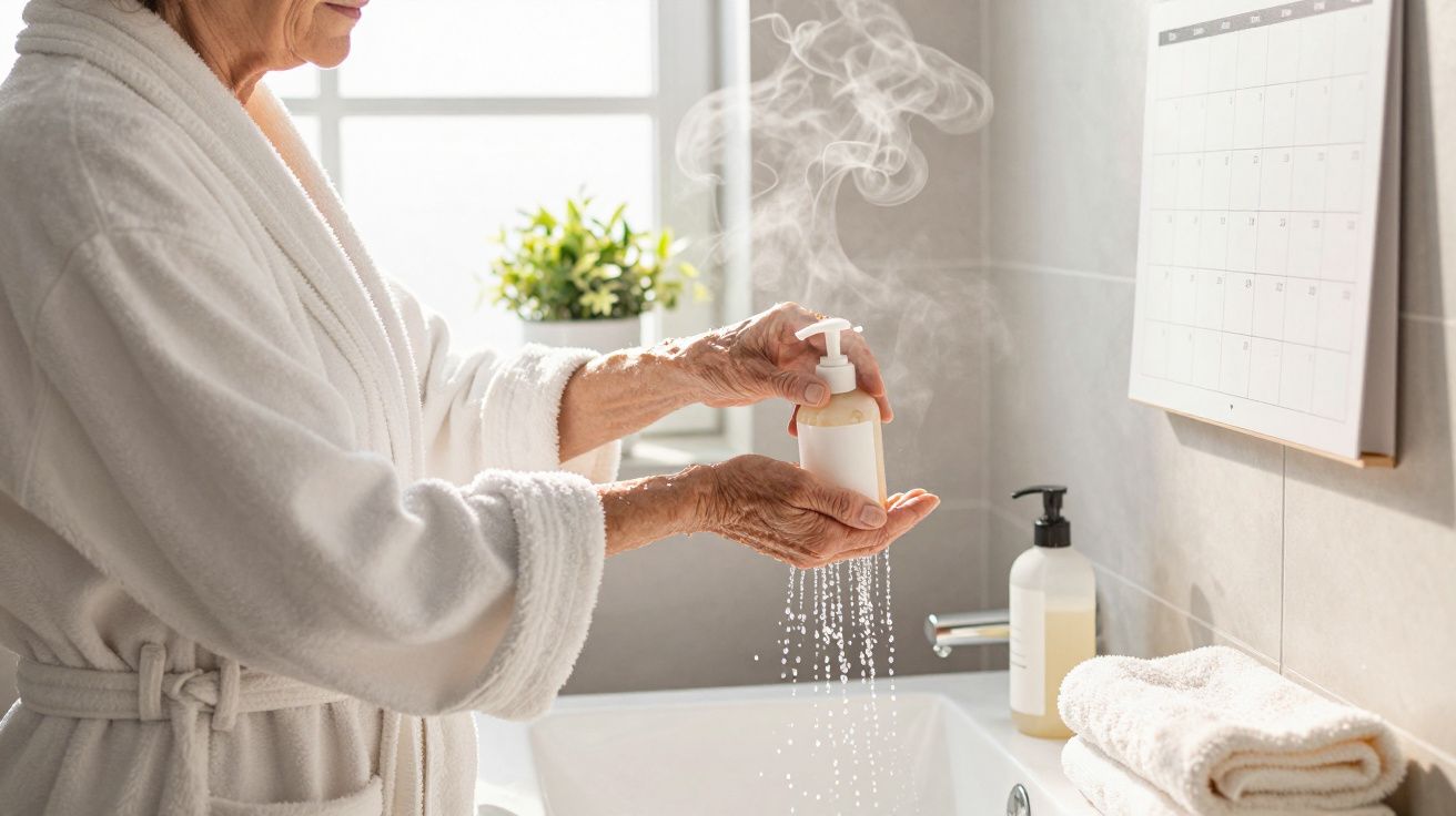 Mulher de roupão branco, a lavar as mãos com sabão líquido junto a um lavatório, com vapor de água visível.