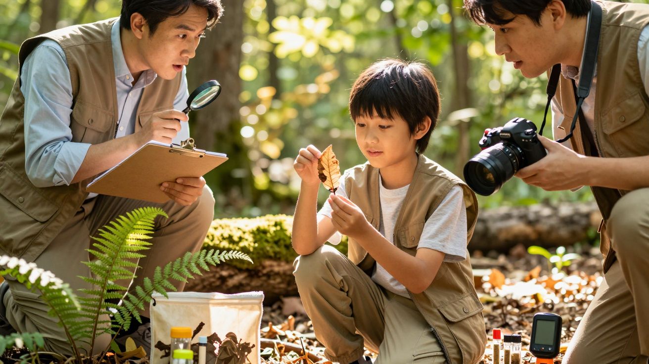 Três pessoas no bosque, duas adultas e uma criança, observando folhas com uma lupa e tirando fotos.